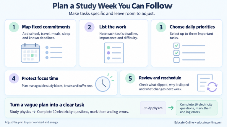 Five steps for weekly study planning, with an example changing a vague physics task into ten electricity questions and error review