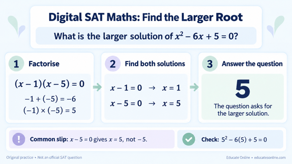 Worked solution of x squared minus 6x plus 5 equals zero, factorising to find roots 1 and 5 and selecting the larger root 5